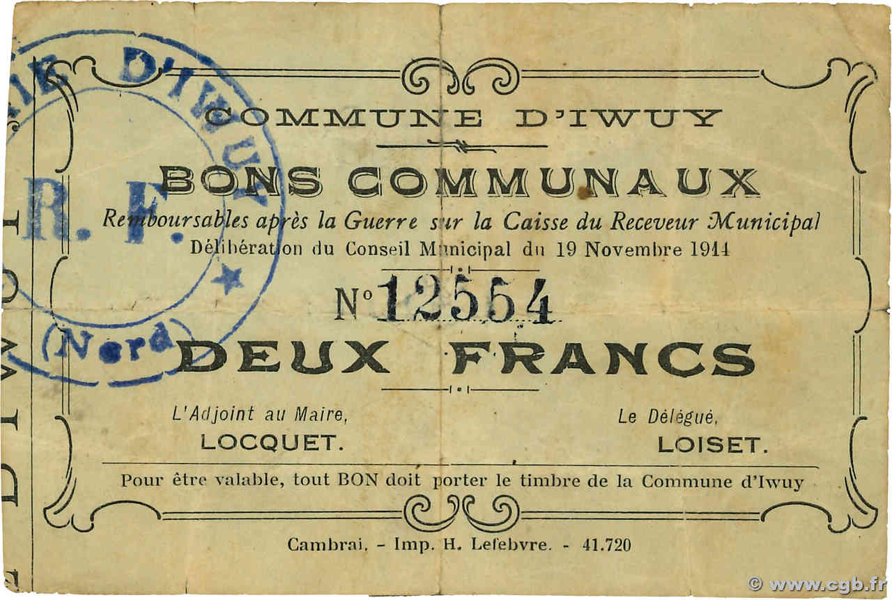 2 Francs FRANCE régionalisme et divers Iwuy 1914 JP.59-1400 B+