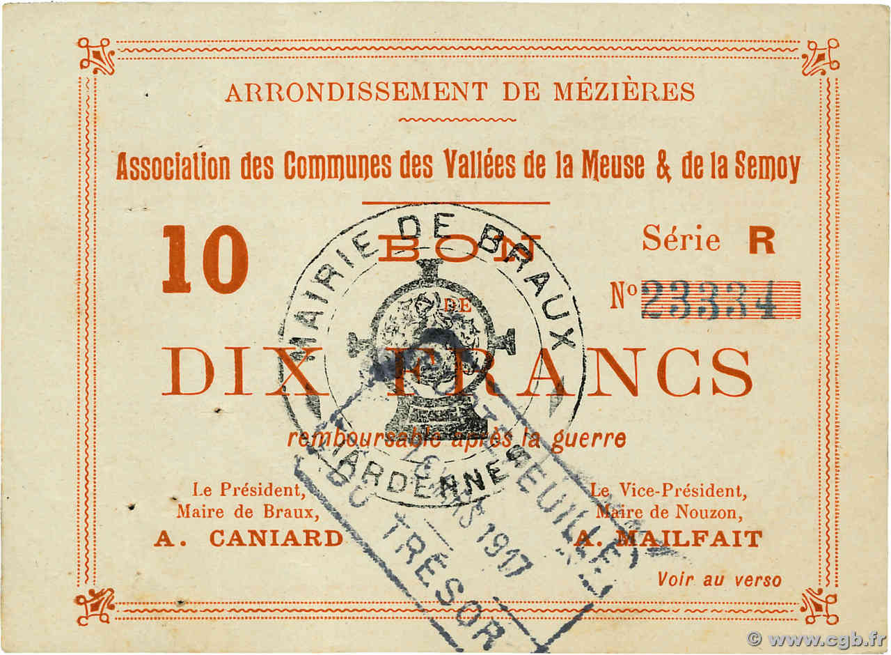10 Francs FRANCE régionalisme et divers Braux 1915 JP.08-64 TTB