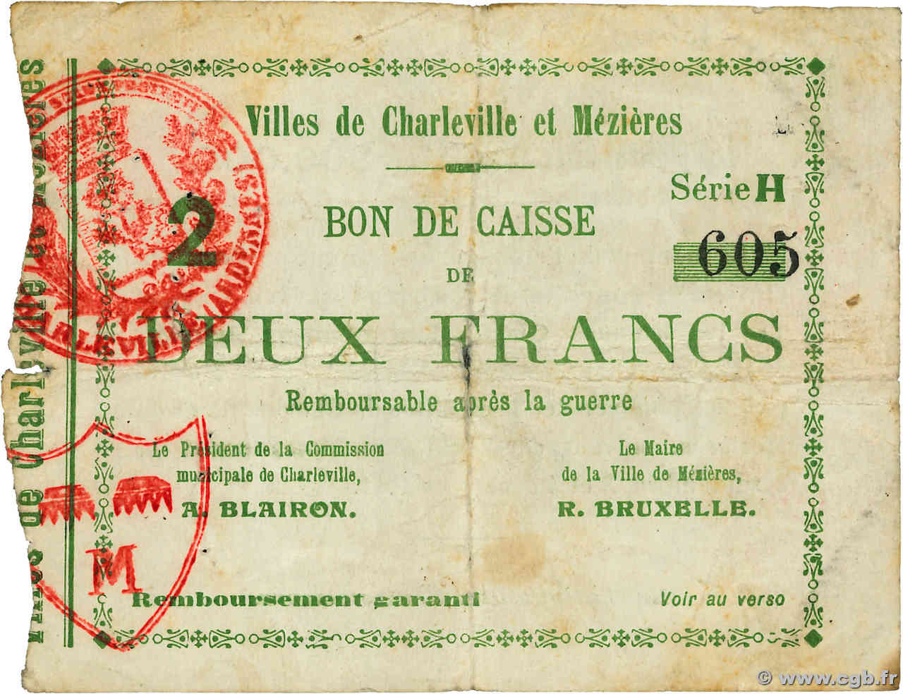 2 Francs FRANCE regionalism and various Charleville et Mezieres 1914 JP.08-73 G