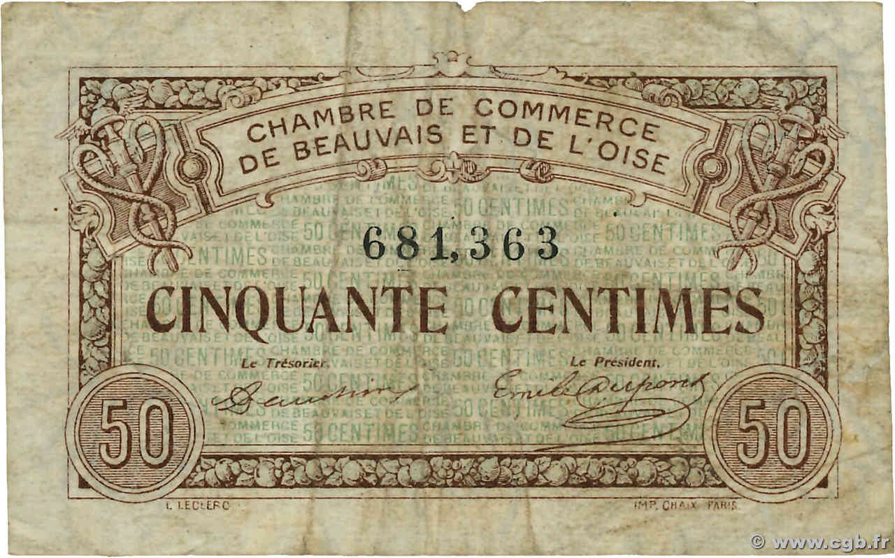 50 Centimes FRANCE régionalisme et divers Beauvais 1920 JP.022.01 TB