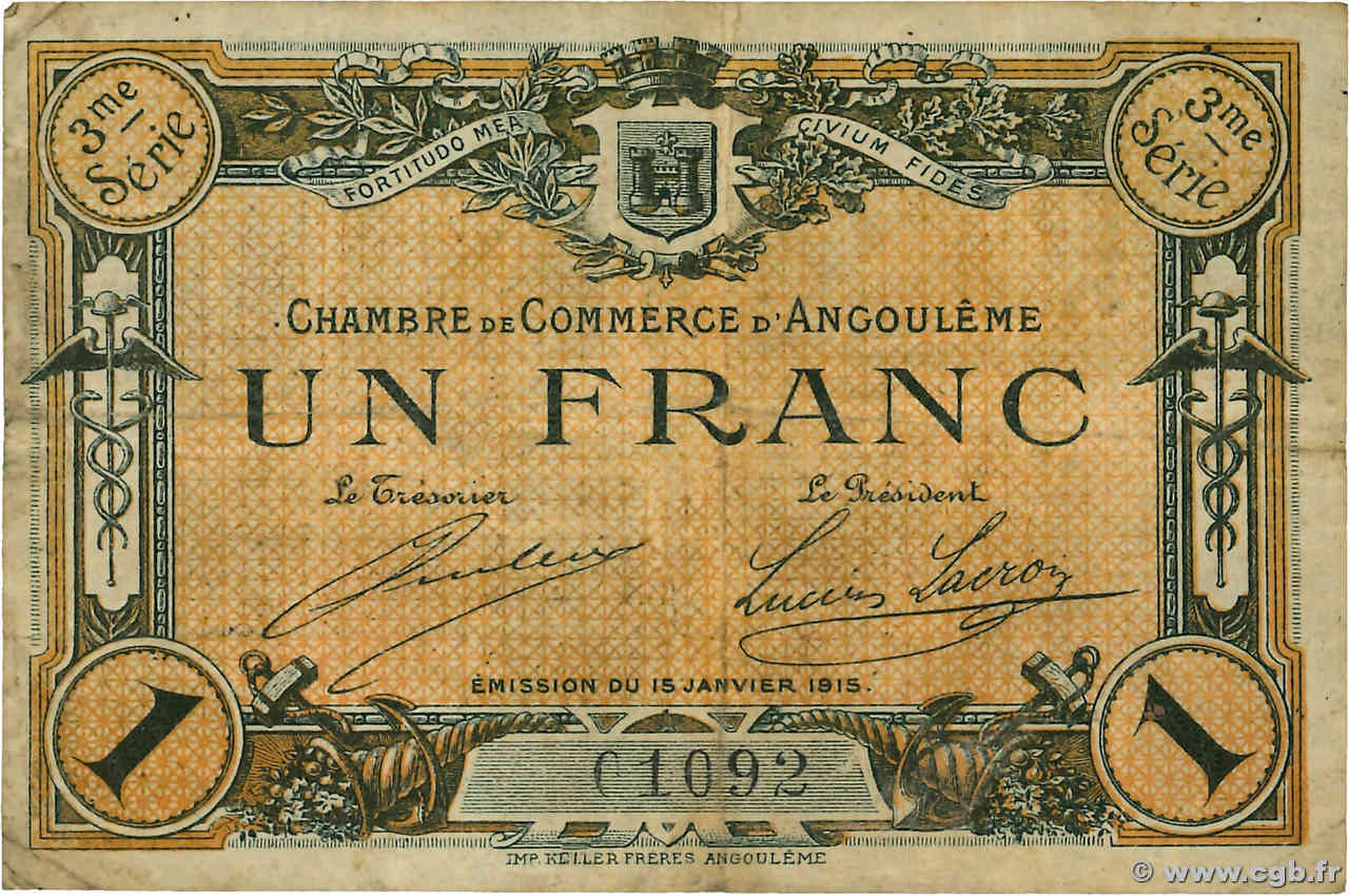 1 Franc FRANCE régionalisme et divers Angoulême 1915 JP.009.16 TB