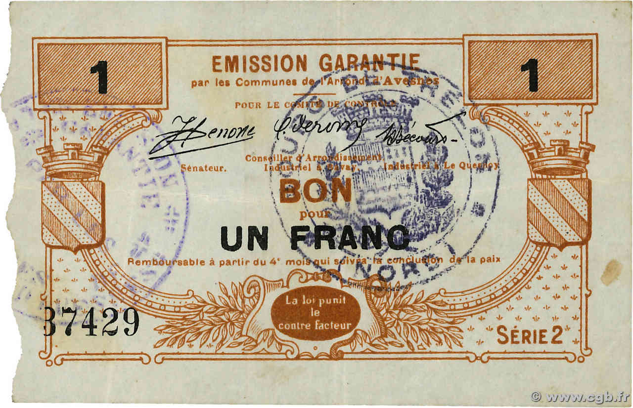 1 Franc FRANCE régionalisme et divers Avesnes 1914 JP.59-0189 TTB