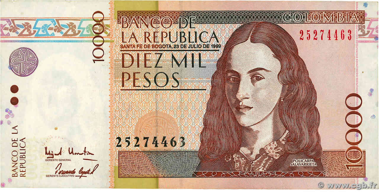 10000 Pesos COLOMBIA  1999 P.443a BC+