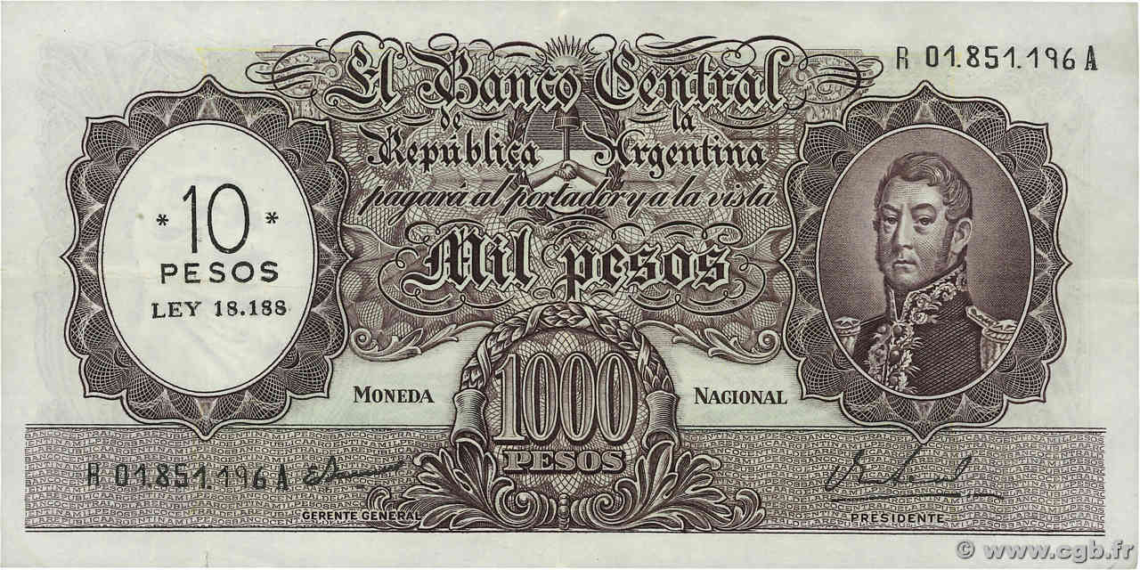 10 Pesos sur 1000 Pesos Remplacement ARGENTINE  1969 P.284r TTB