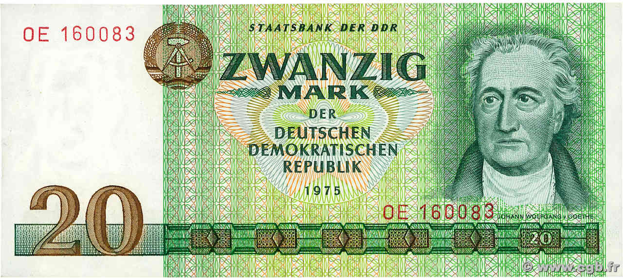 20 Mark ALLEMAGNE RÉPUBLIQUE DÉMOCRATIQUE  1975 P.29a TTB