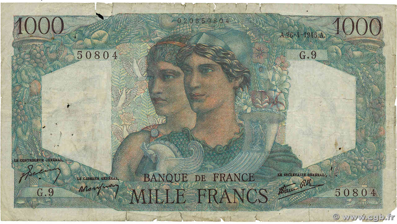 1000 Francs MINERVE ET HERCULE FRANCE  1945 F.41.02 B