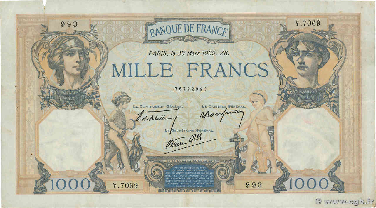 1000 Francs CÉRÈS ET MERCURE type modifié FRANKREICH  1939 F.38.35 SS