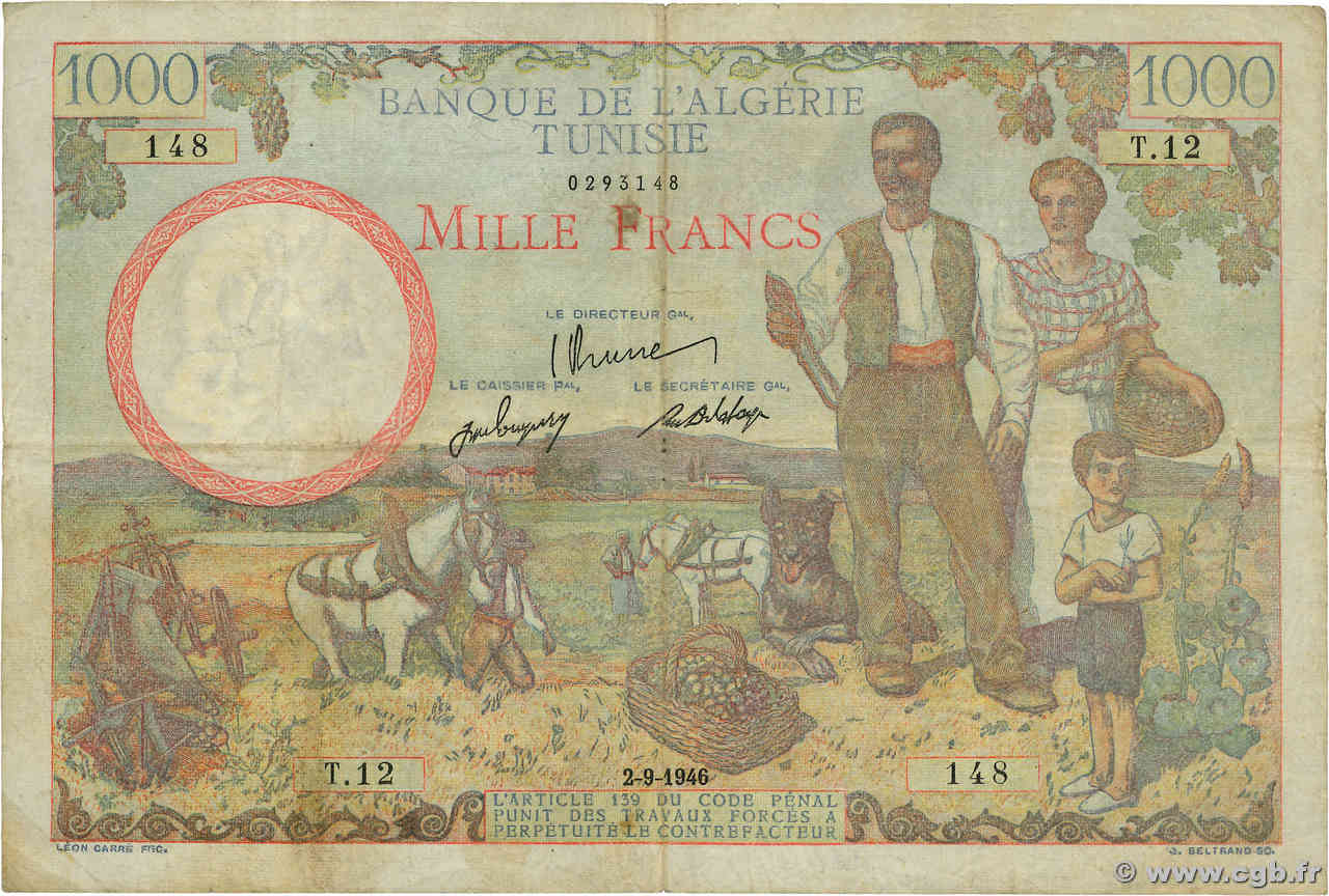 1000 Francs TUNISIE  1946 P.26 TB