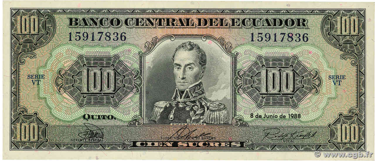 100 Sucres ECUADOR  1988 P.123Aa XF-