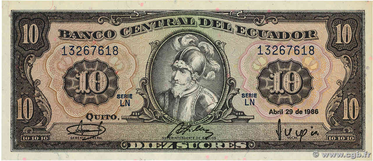 10 Sucres ECUADOR  1986 P.121 UNC-