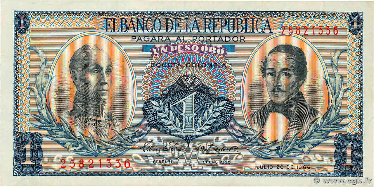 1 Peso Oro COLOMBIE  1966 P.404c TTB+