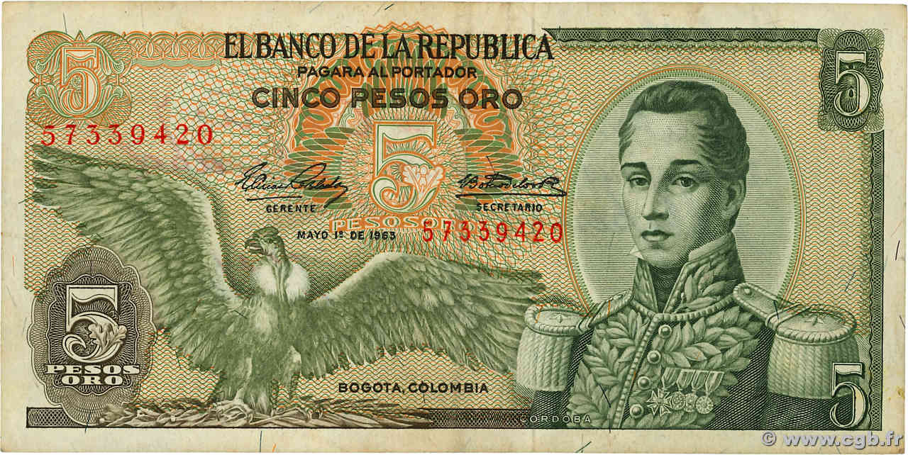 5 Pesos Oro COLOMBIE  1963 P.406a TB