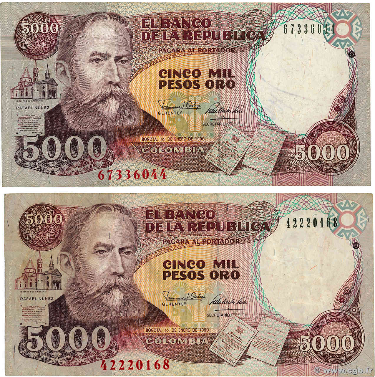 5000 Pesos Oro Lot COLOMBIA  1990 P.436 BC