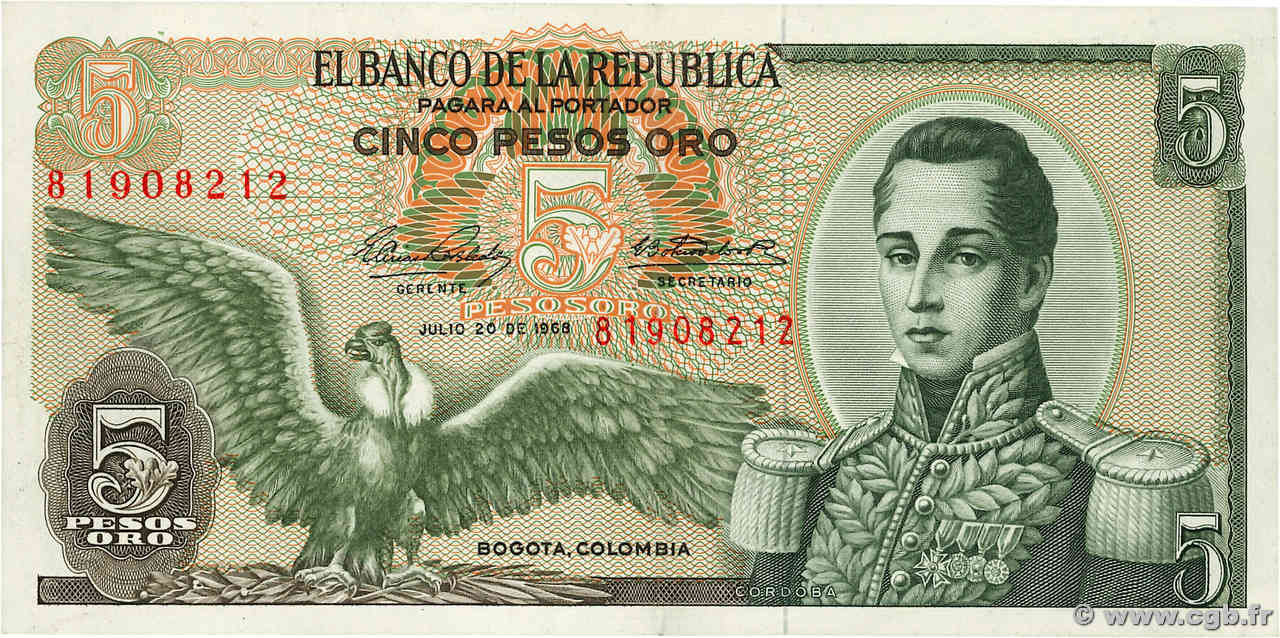 5 Pesos Oro KOLUMBIEN  1968 P.406b fVZ