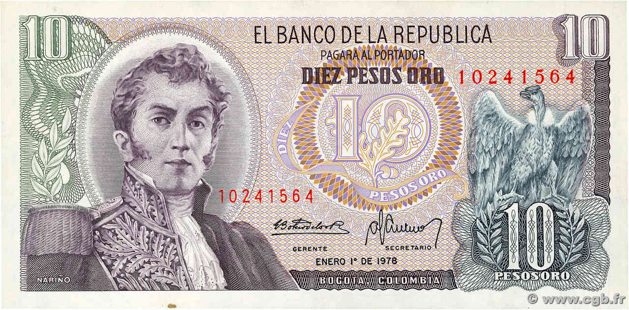 10 Pesos Oro COLOMBIA  1978 P.407f q.FDC