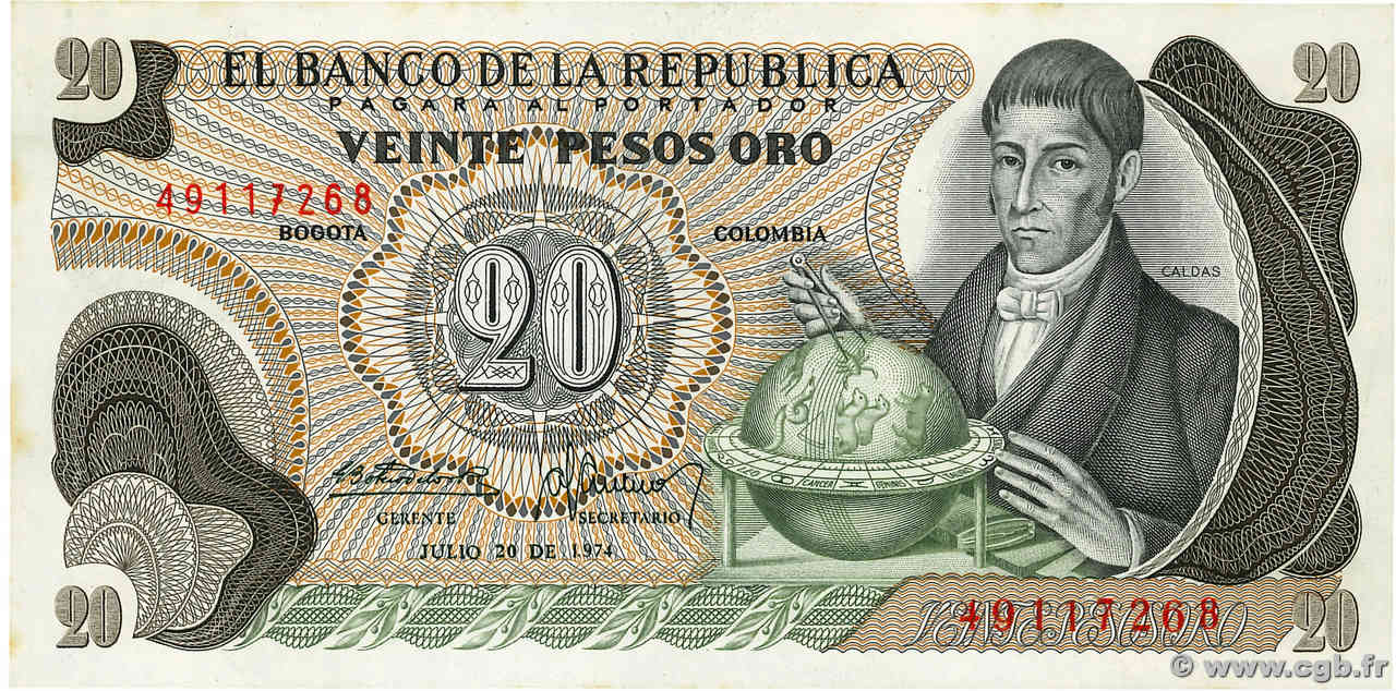 20 Pesos Oro COLOMBIA  1974 P.409d AU