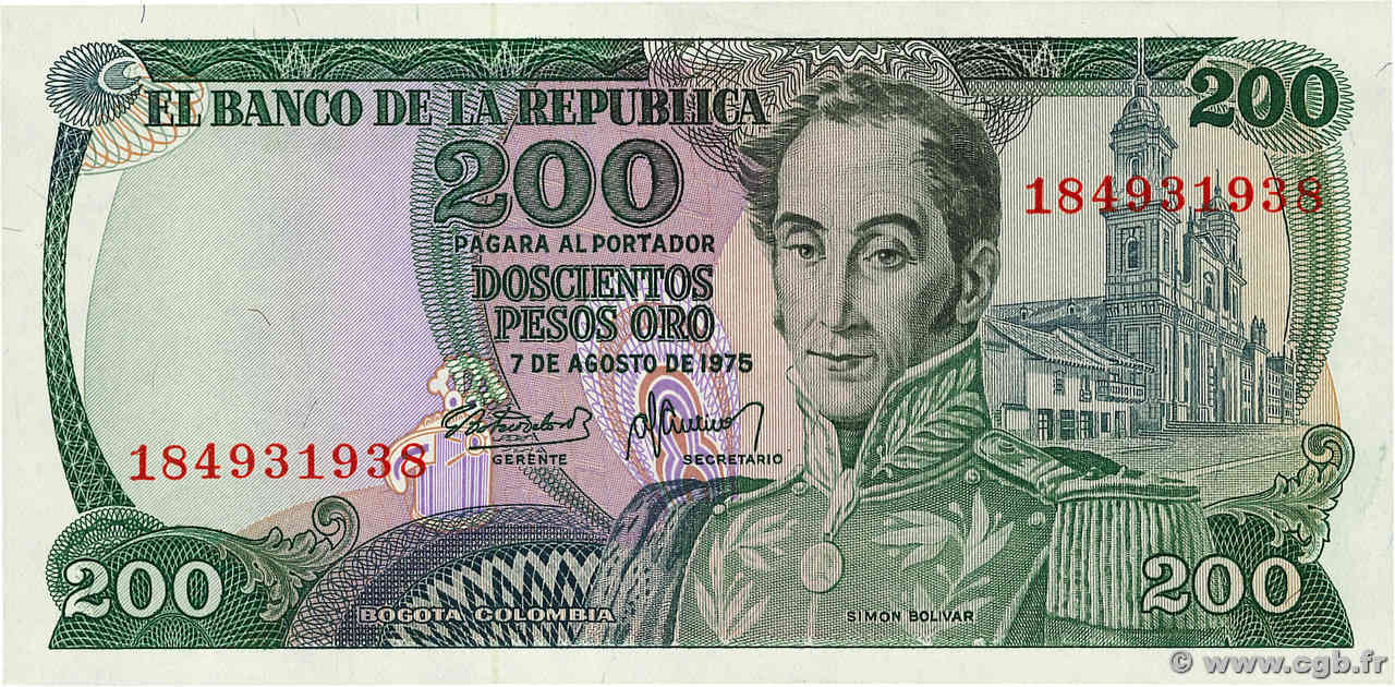 200 Pesos Oro COLOMBIA  1975 P.417b FDC