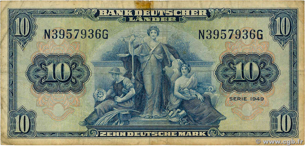 10 Deutsche Mark GERMAN FEDERAL REPUBLIC  1949 P.16a F