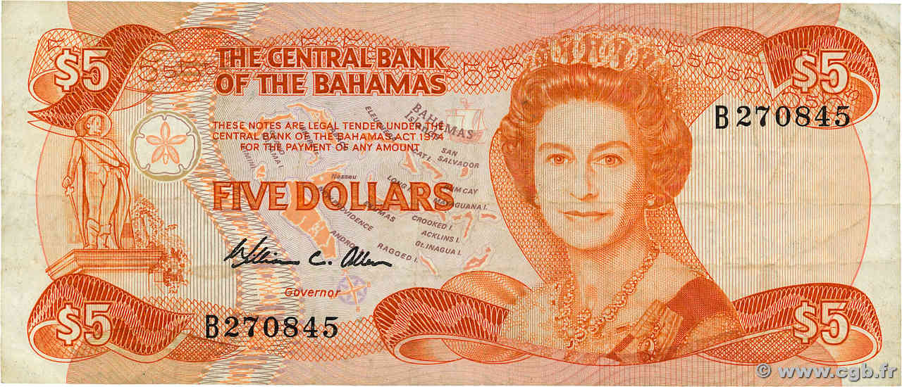 5 Dollars BAHAMAS  1984 P.45a F