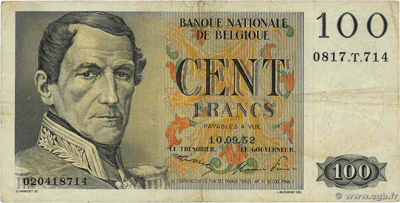 100 Francs BELGIQUE  1952 P.129a TB
