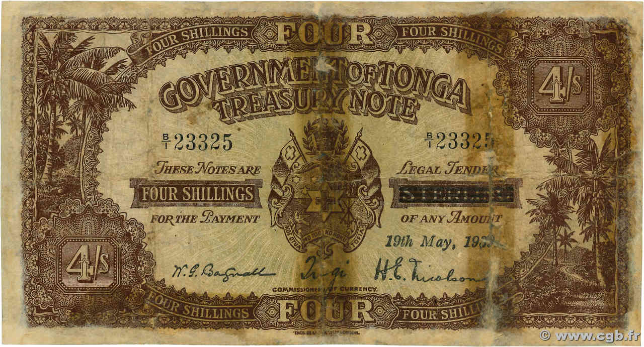 4 Shillings TONGA  1939 P.05b pr.B