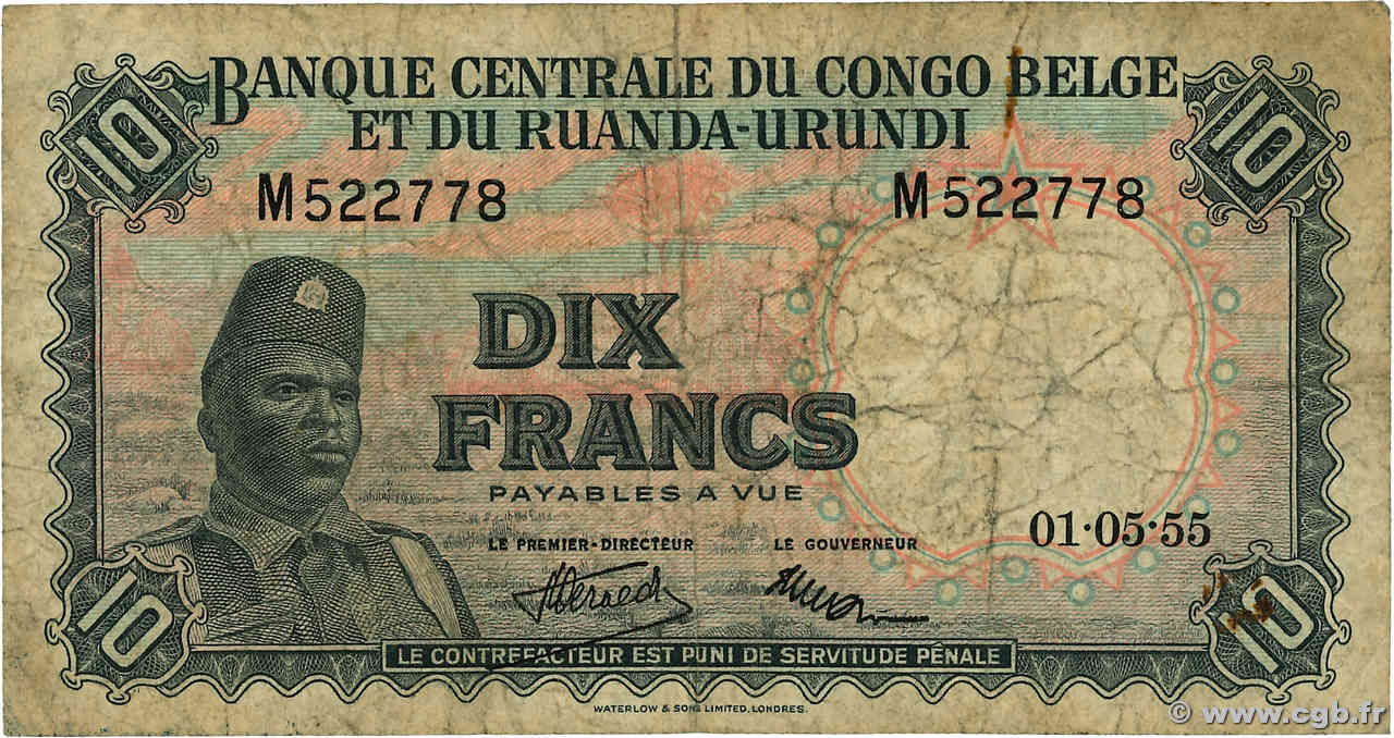 10 Francs CONGO BELGE  1955 P.30a B+