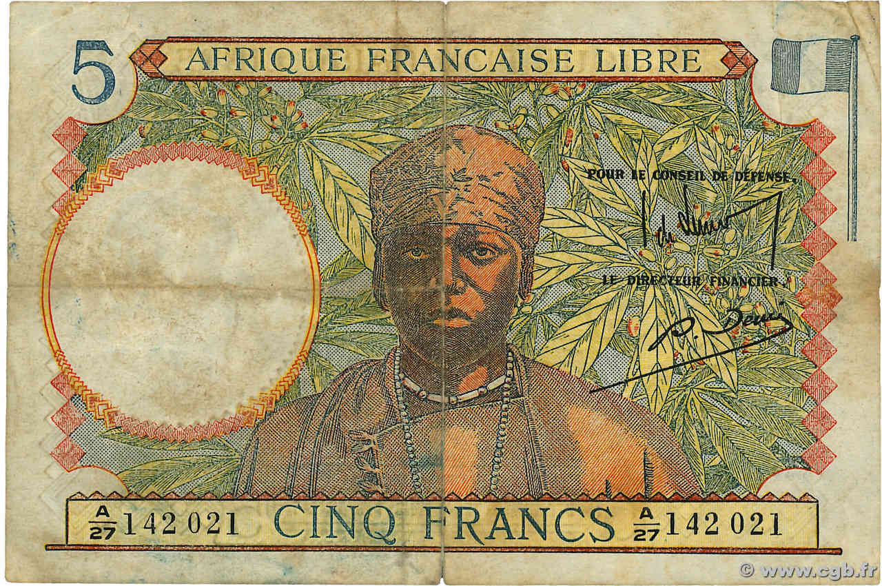 5 Francs FRENCH EQUATORIAL AFRICA Brazzaville 1941 P.06a F