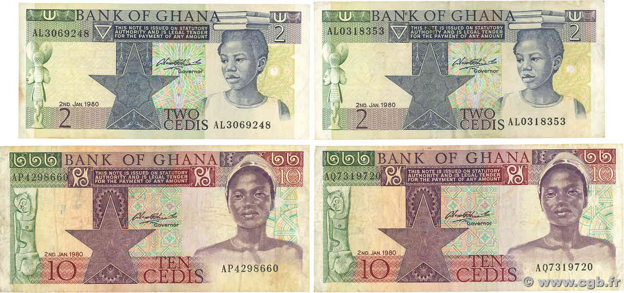 10 Cedis Lot GHANA  1980 P.18b et P.20b TB