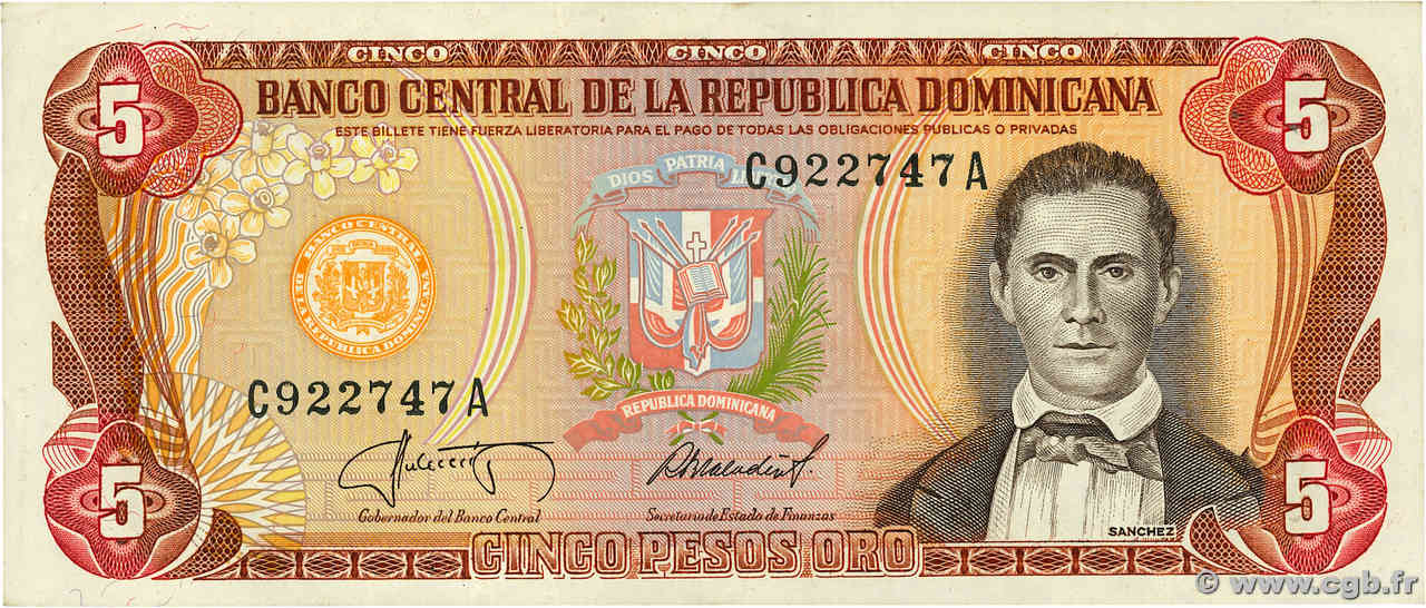 5 Pesos Oro RÉPUBLIQUE DOMINICAINE  1987 P.118c MBC+