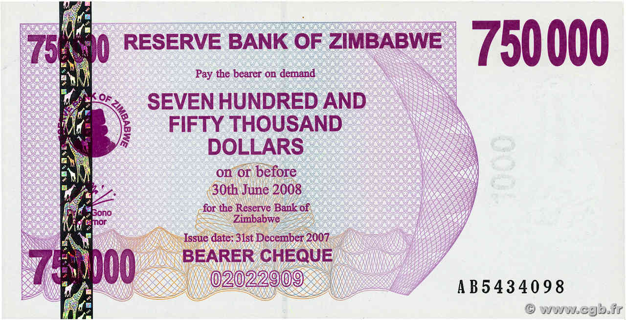 750000 Dollars ZIMBABUE  2007 P.52 FDC