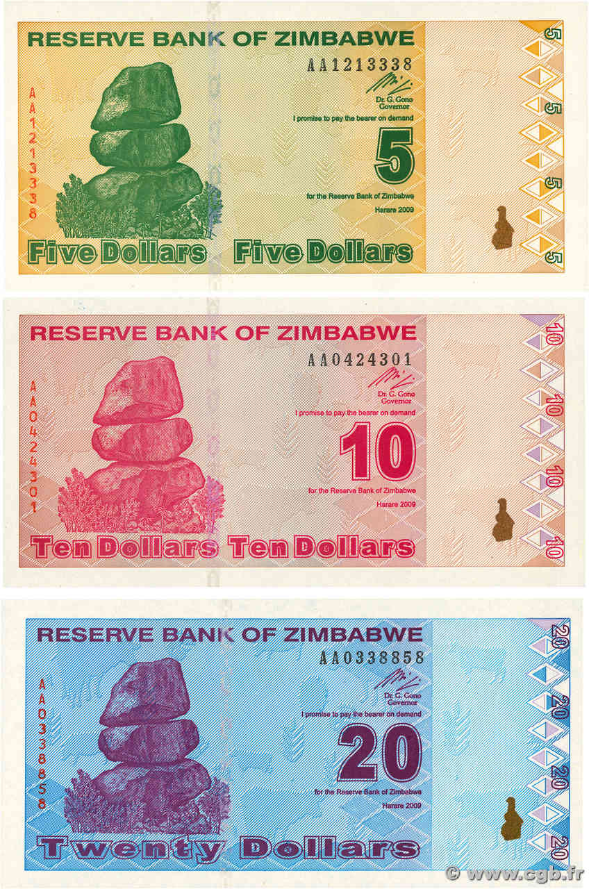 5 au 20 Dollars Lot SIMBABWE  2009 P.93 au P.95 ST