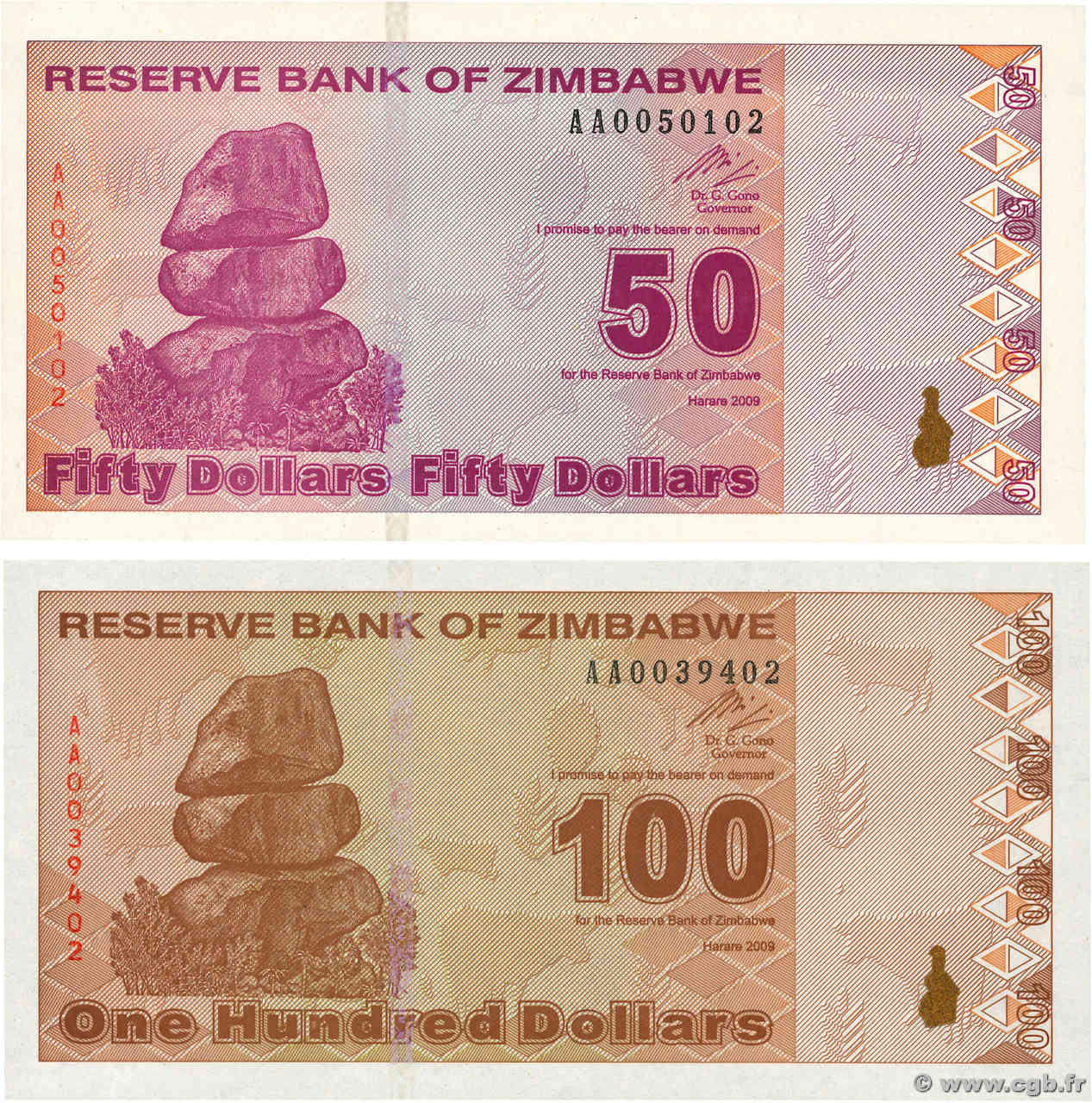 50 Dollars Lot ZIMBABWE  2009 P.96 et P.97 UNC-