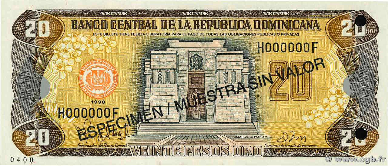 20 Pesos Oro Spécimen RÉPUBLIQUE DOMINICAINE  1998 P.154s2 pr.NEUF