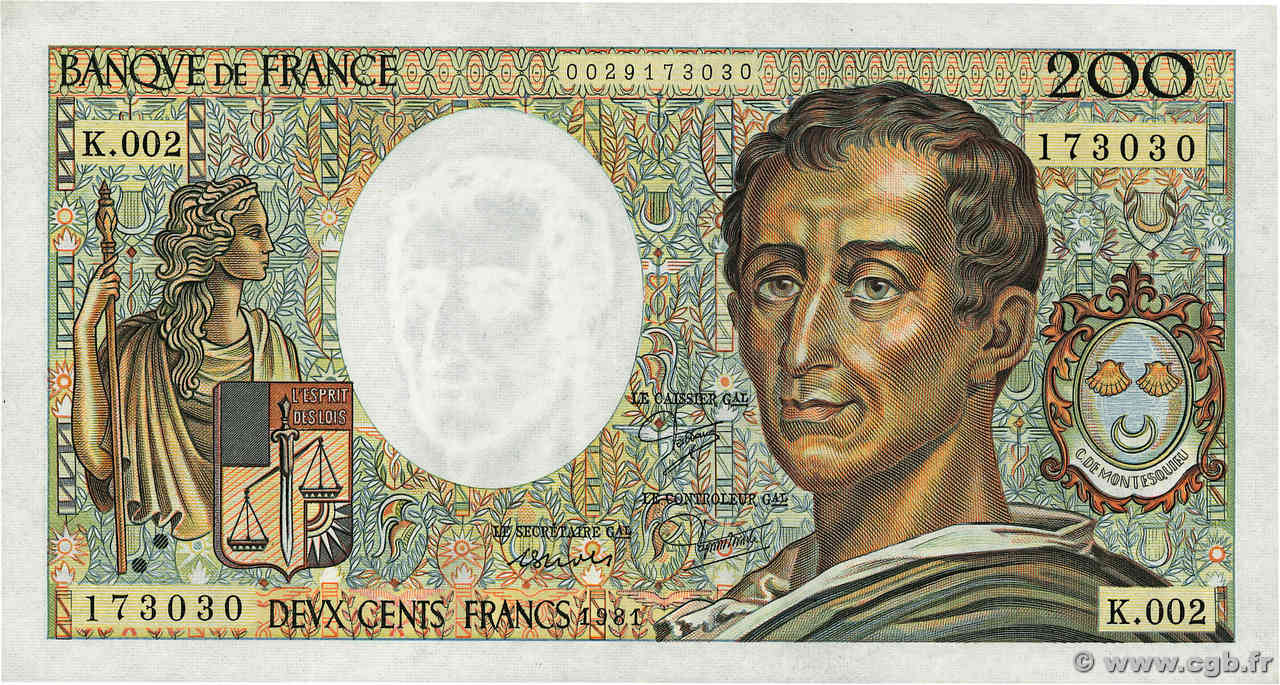 200 Francs MONTESQUIEU FRANCE  1981 F.70.01 AU