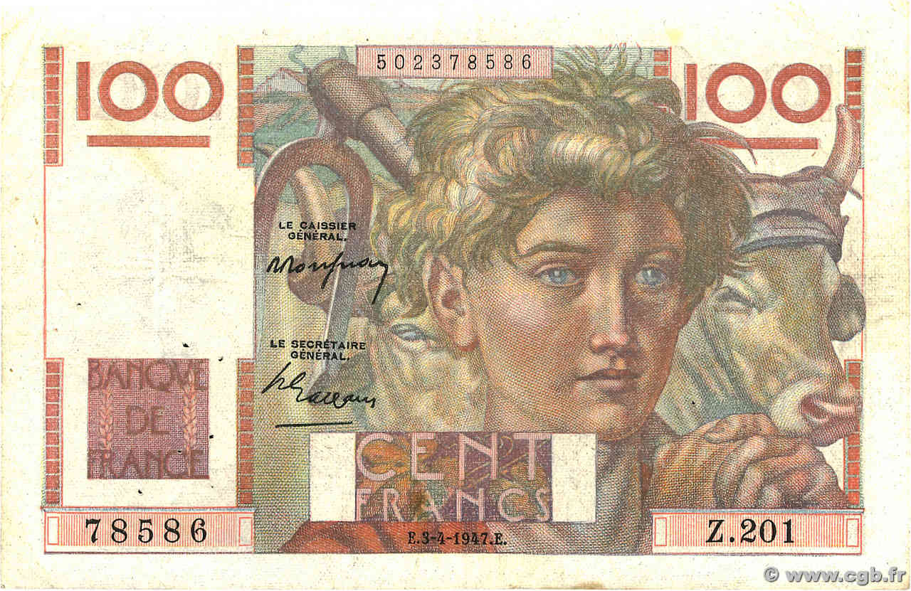 100 Francs JEUNE PAYSAN FRANCE  1947 F.28.14 TB