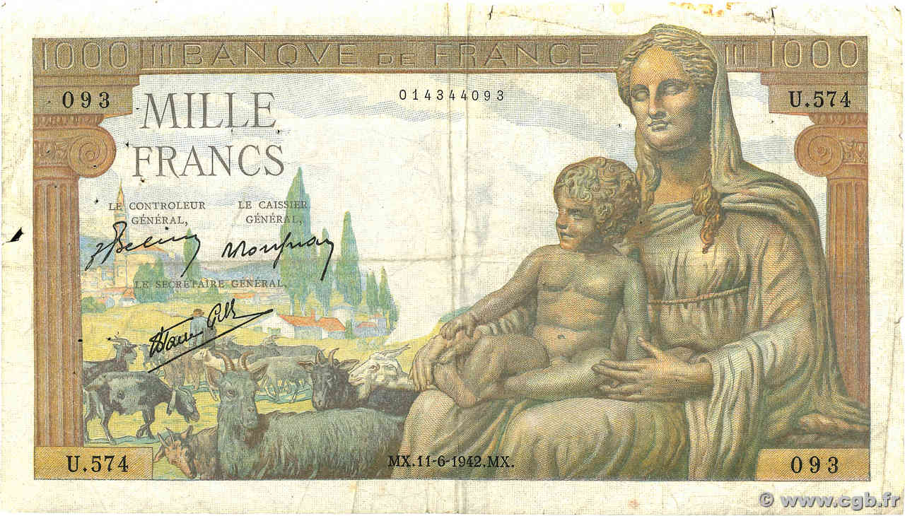 1000 Francs DÉESSE DÉMÉTER FRANKREICH  1942 F.40.02 S