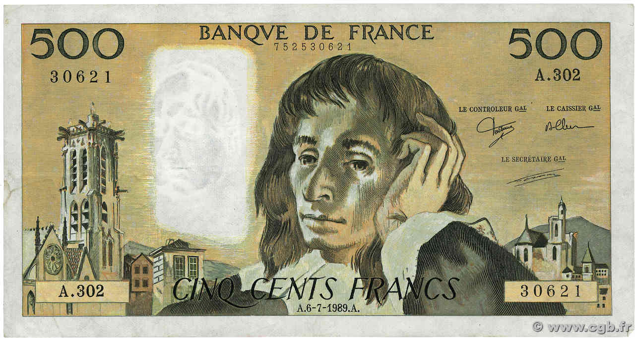 500 Francs PASCAL FRANCE  1989 F.71.42 VF