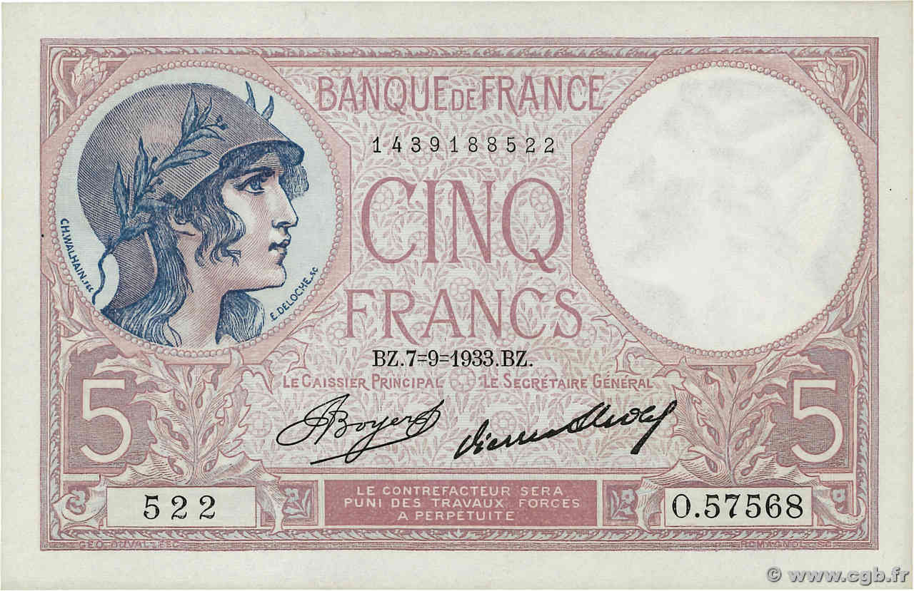 5 Francs FEMME CASQUÉE FRANCIA  1933 F.03.17 SC+