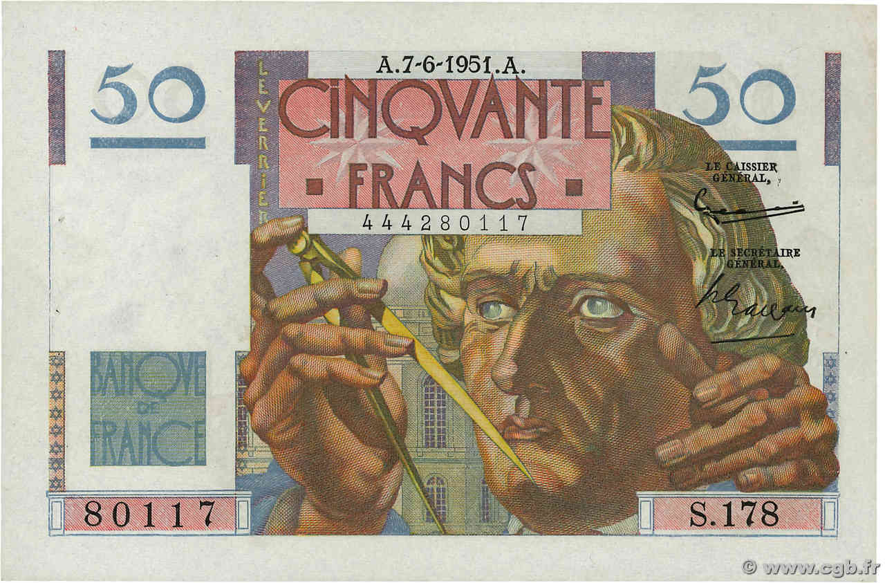 50 Francs LE VERRIER FRANCE  1951 F.20.18 AU-