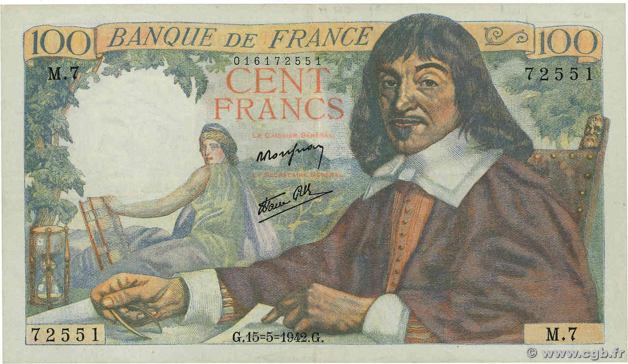 100 Francs DESCARTES FRANCE  1942 F.27.01 TTB+