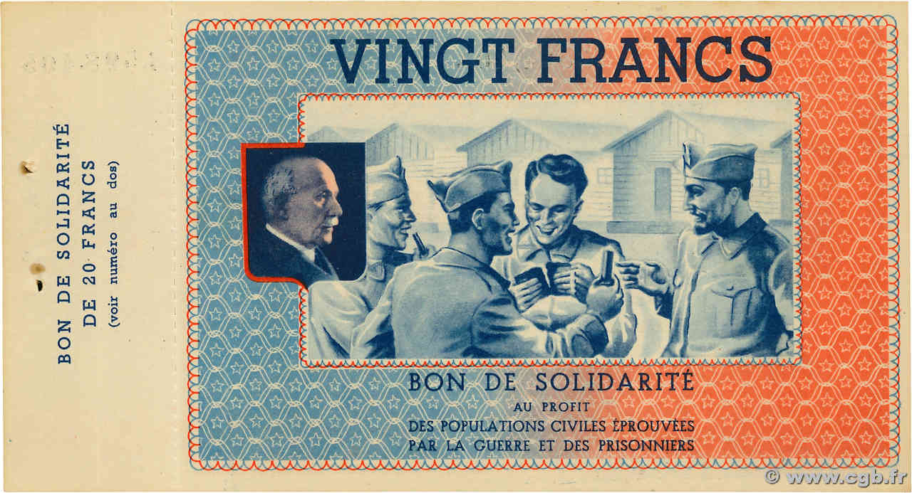 20 Francs BON DE SOLIDARITÉ FRANCE régionalisme et divers  1941 KL.08C3 SPL