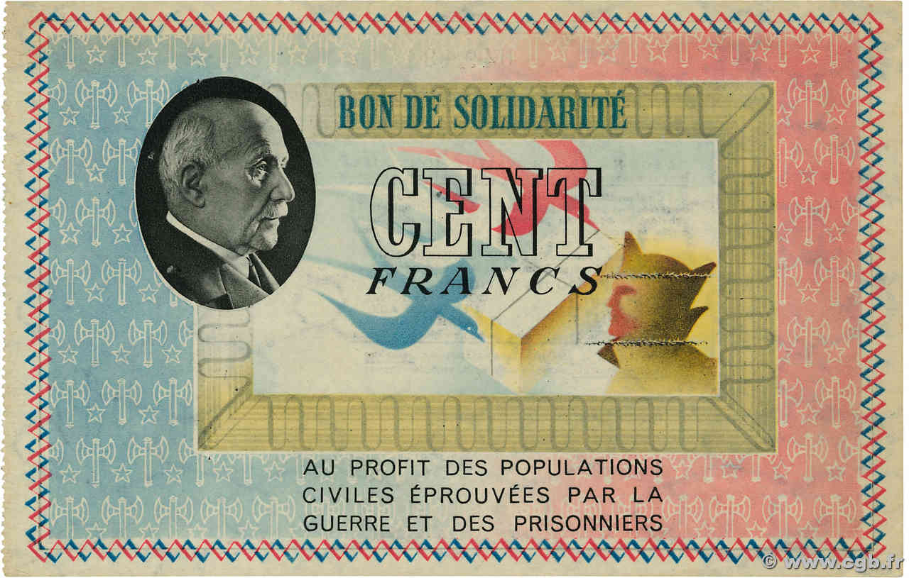 100 Francs BON DE SOLIDARITÉ FRANCE régionalisme et divers  1941 KL.10B1 SUP+