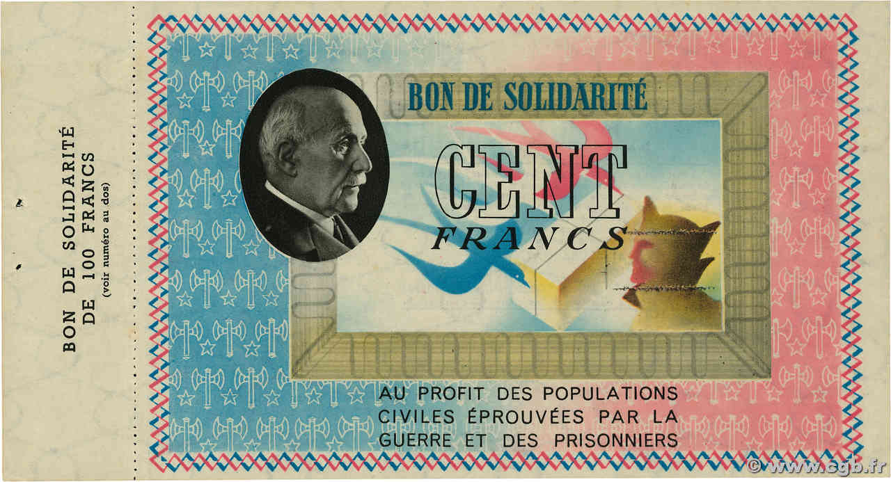 100 Francs BON DE SOLIDARITÉ FRANCE régionalisme et divers  1941 KL.10A1 SUP