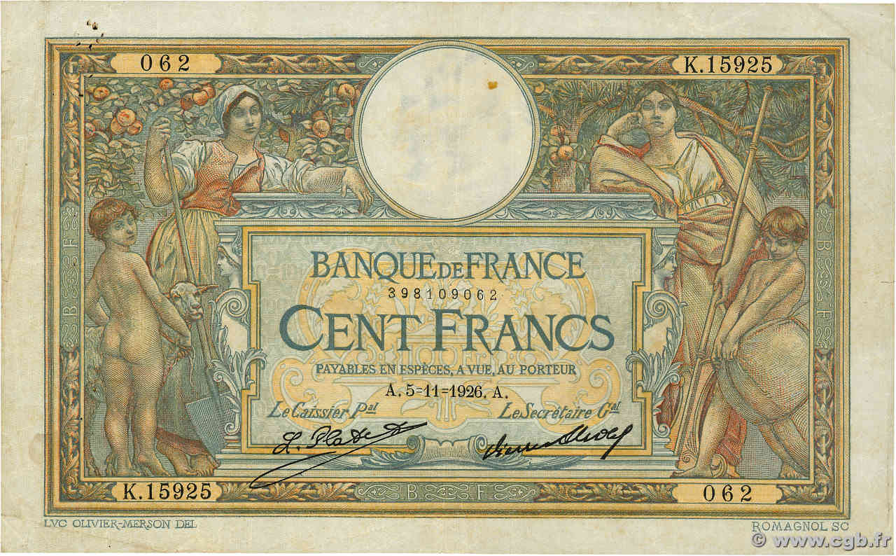 100 Francs LUC OLIVIER MERSON grands cartouches FRANCIA  1926 F.24.05 BC