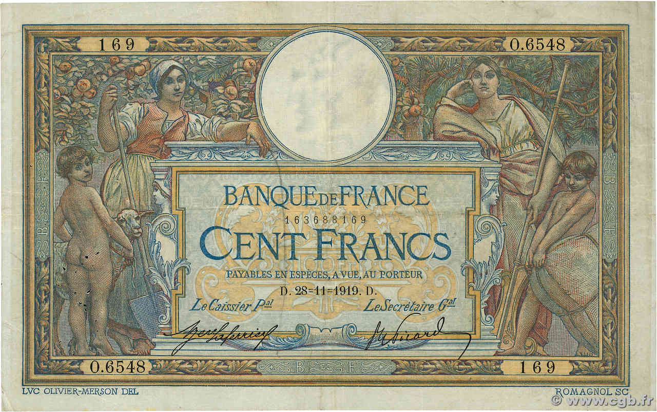 100 Francs LUC OLIVIER MERSON sans LOM FRANCE  1919 F.23.11 TB