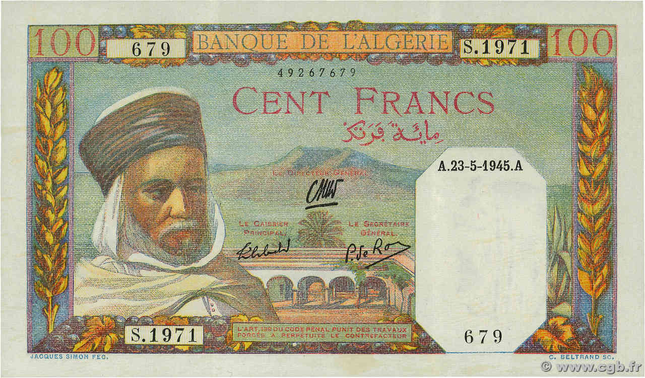 100 Francs ALGÉRIE  1945 P.088 SUP