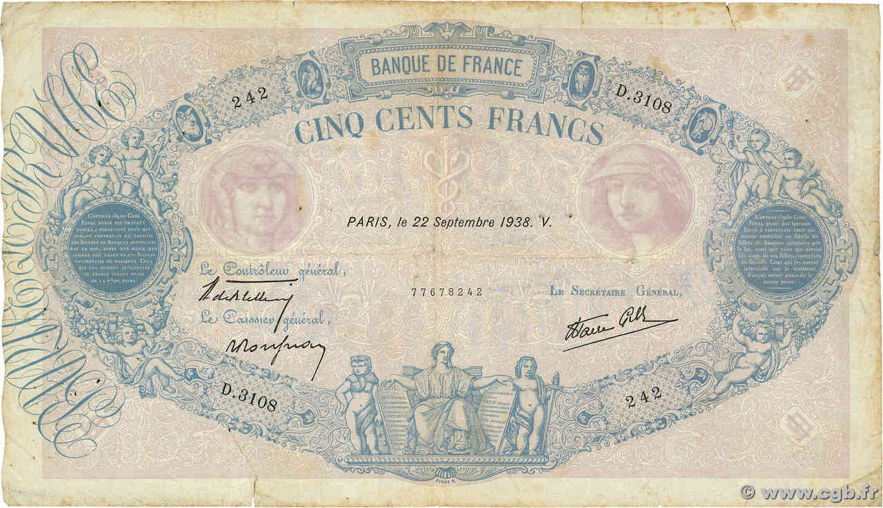 500 Francs BLEU ET ROSE modifié FRANCIA  1938 F.31.20 q.MB