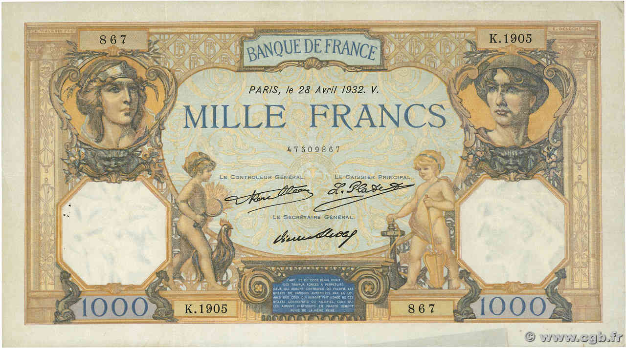 1000 Francs CÉRÈS ET MERCURE FRANKREICH  1932 F.37.07 SS