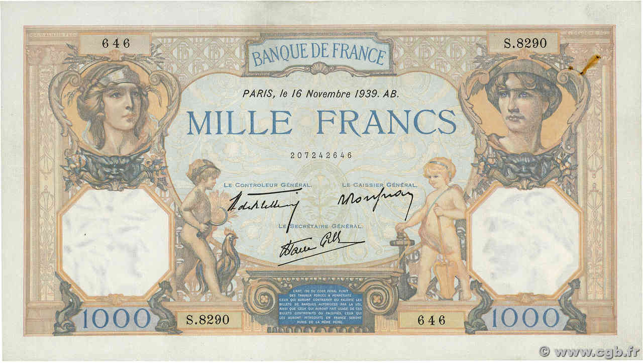1000 Francs CÉRÈS ET MERCURE type modifié FRANCE  1939 F.38.39 TTB