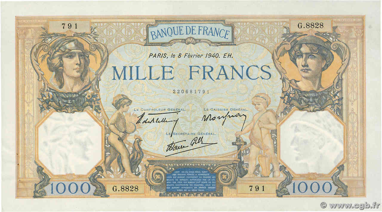 1000 Francs CÉRÈS ET MERCURE type modifié FRANKREICH  1940 F.38.42 VZ